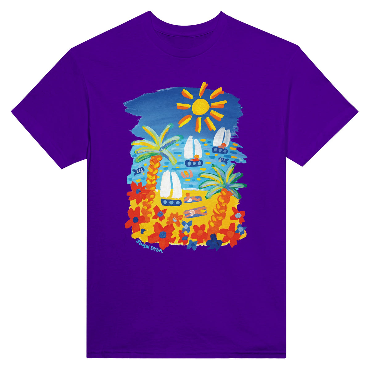 Purple John Dyer Unisex Seaside &#39;Beach Vibes&#39; Art Cornwall T-Shirt. Cornwall Art Gallery