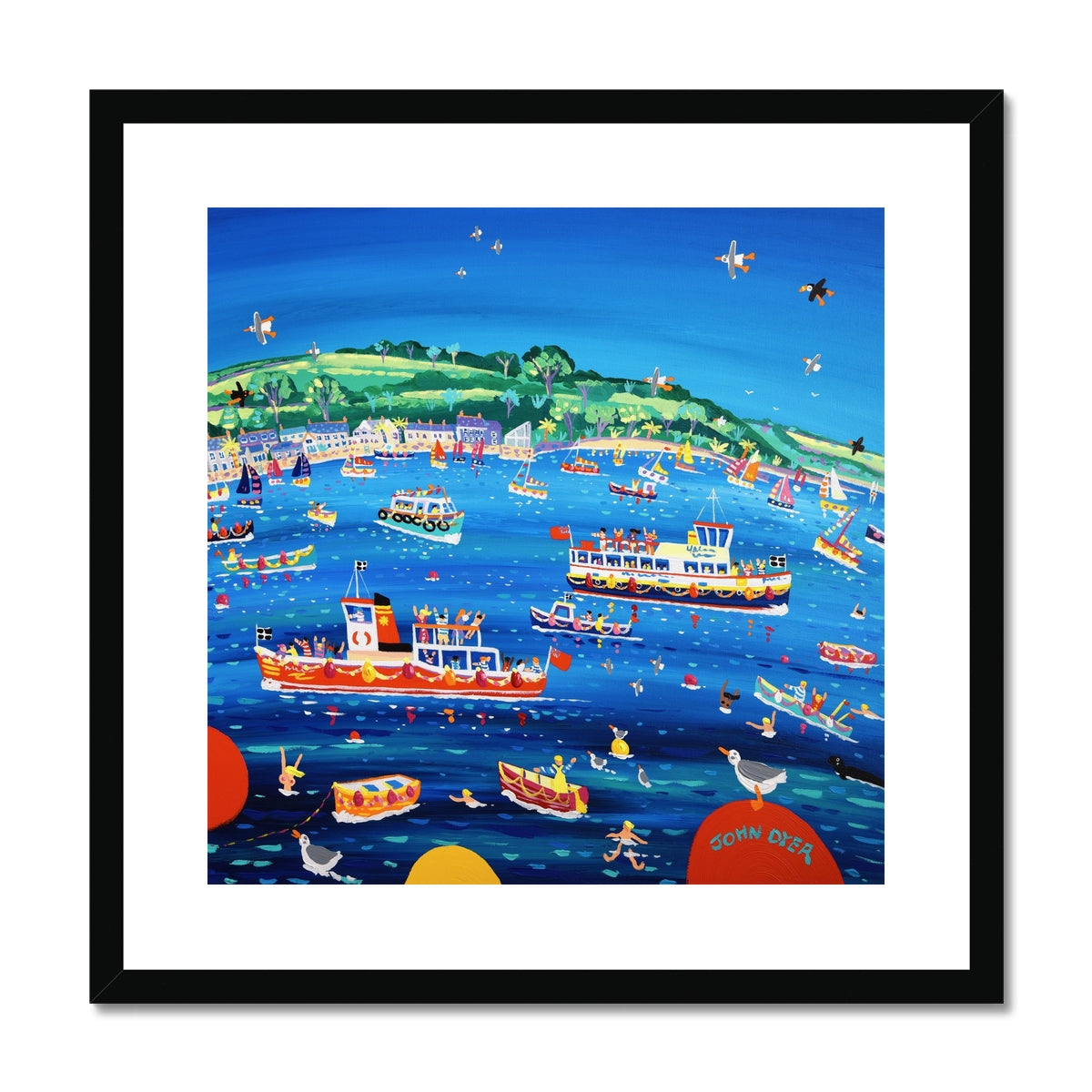 John Dyer Framed Open Edition Cornish Fine Art Print. Blue sky and Ferry Boats, Greenbank, Falmouth