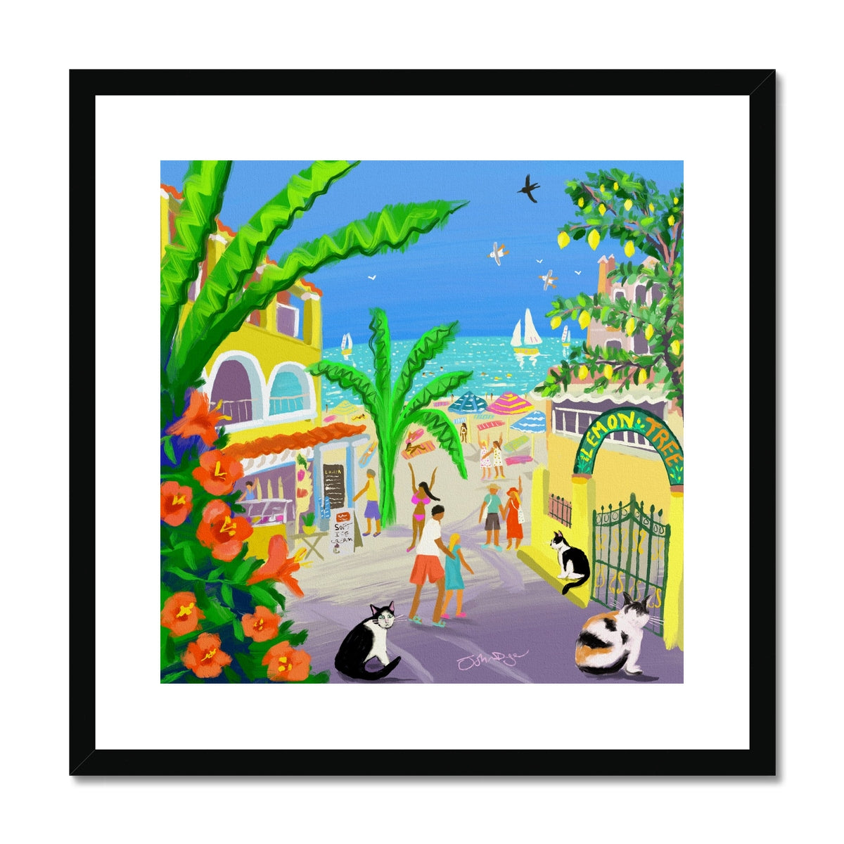 John Dyer Greece Artwork. Framed Open Edition Art Print. 'Strolling Past Corfu Cats, Agios Gordios, Greece'. Greek Art Gallery