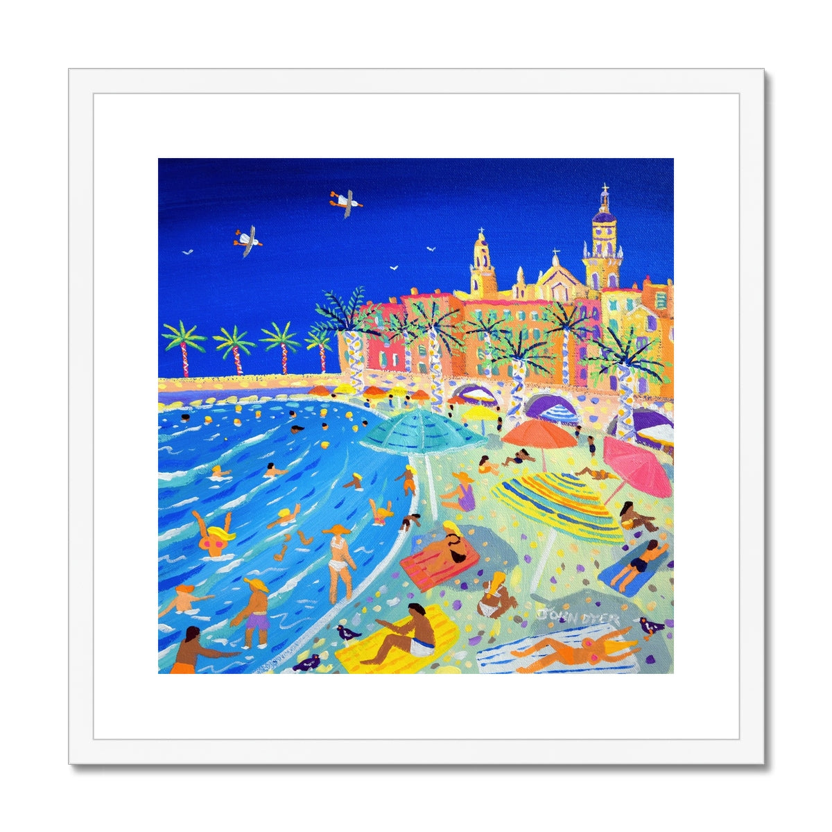 John Dyer Framed Open Edition French Art Print. 'High Summer, Menton Old Town, France'. White Frame