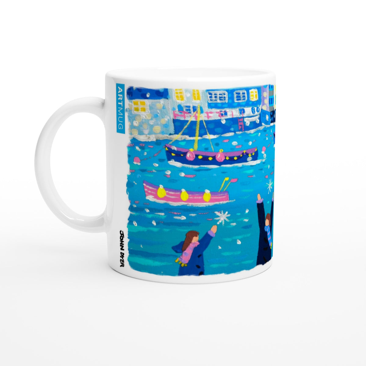 John Dyer Ceramic Cornish Art Mug. Catching Snowflakes, Polperro, Cornwall