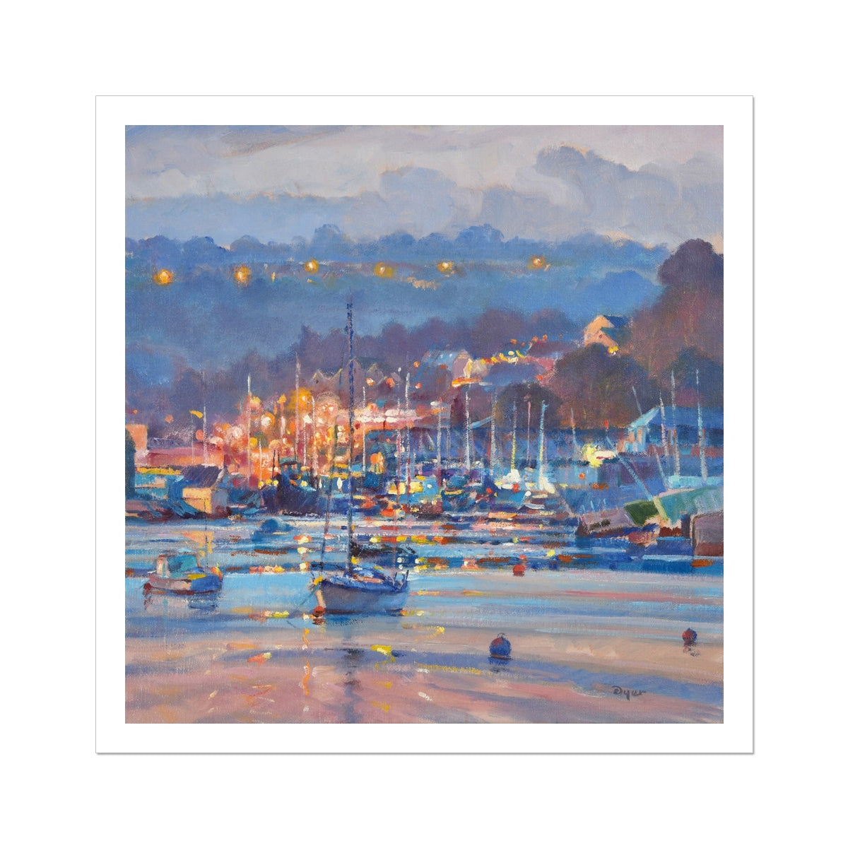 Ted Dyer Fine Art Beach Print. Open Edition Cornish Art Print. 'Lights over the Moorings, Penryn River'. Cornwall Art Gallery