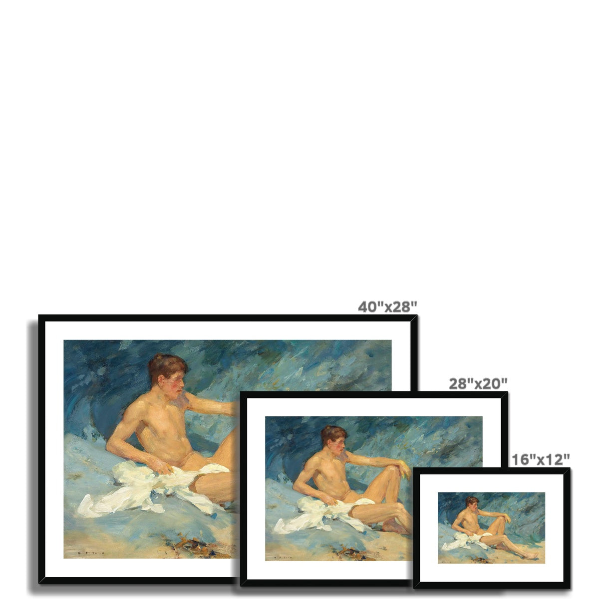 A Male Nude Reclining on the Rocks by Henry Scott Tuke. Framed Open Edition Fine Art Print. Historic Art