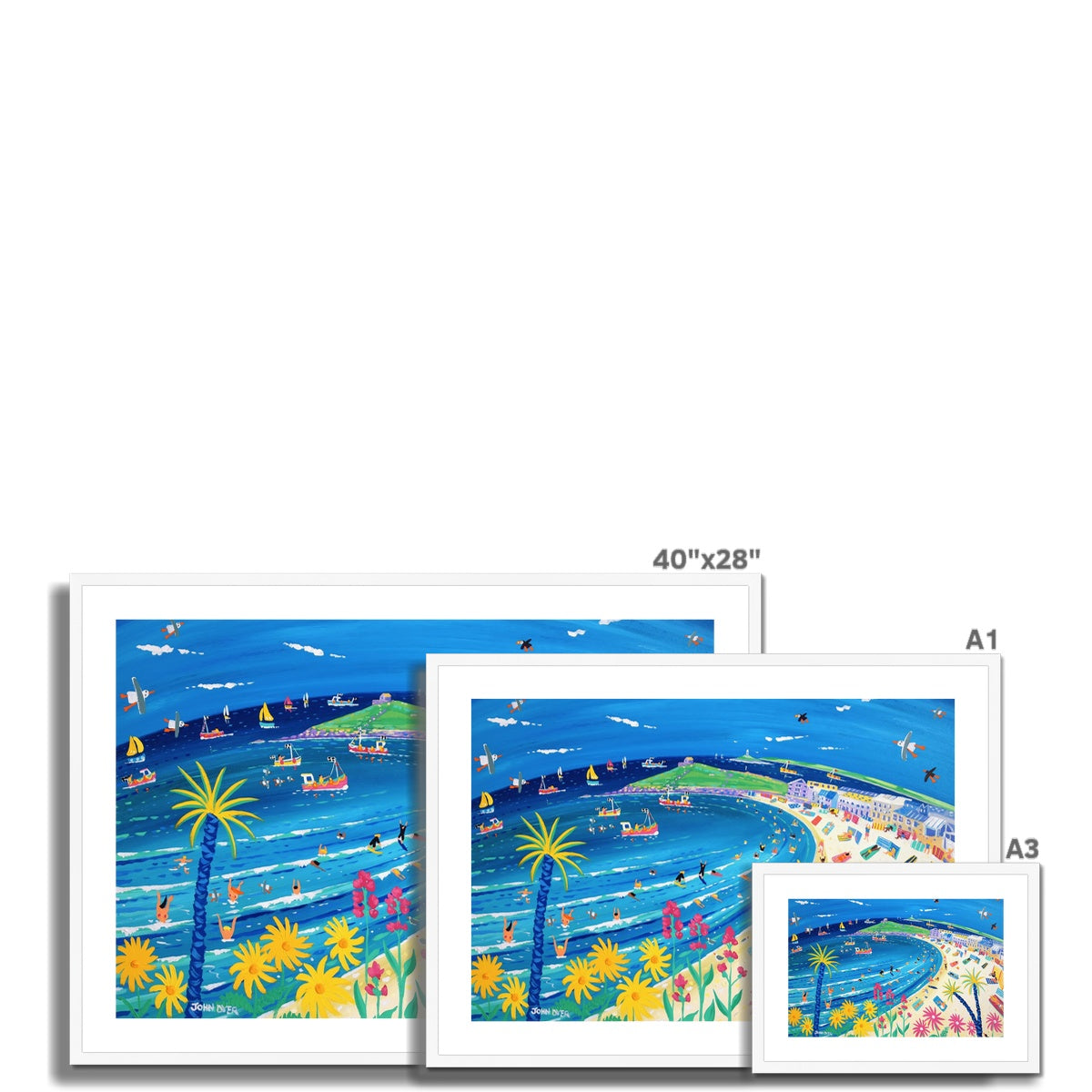 John Dyer Framed Open Edition Cornish Art Print. 'Tropical Days at Porthmeor Beach, St Ives'. Cornwall Art Gallery