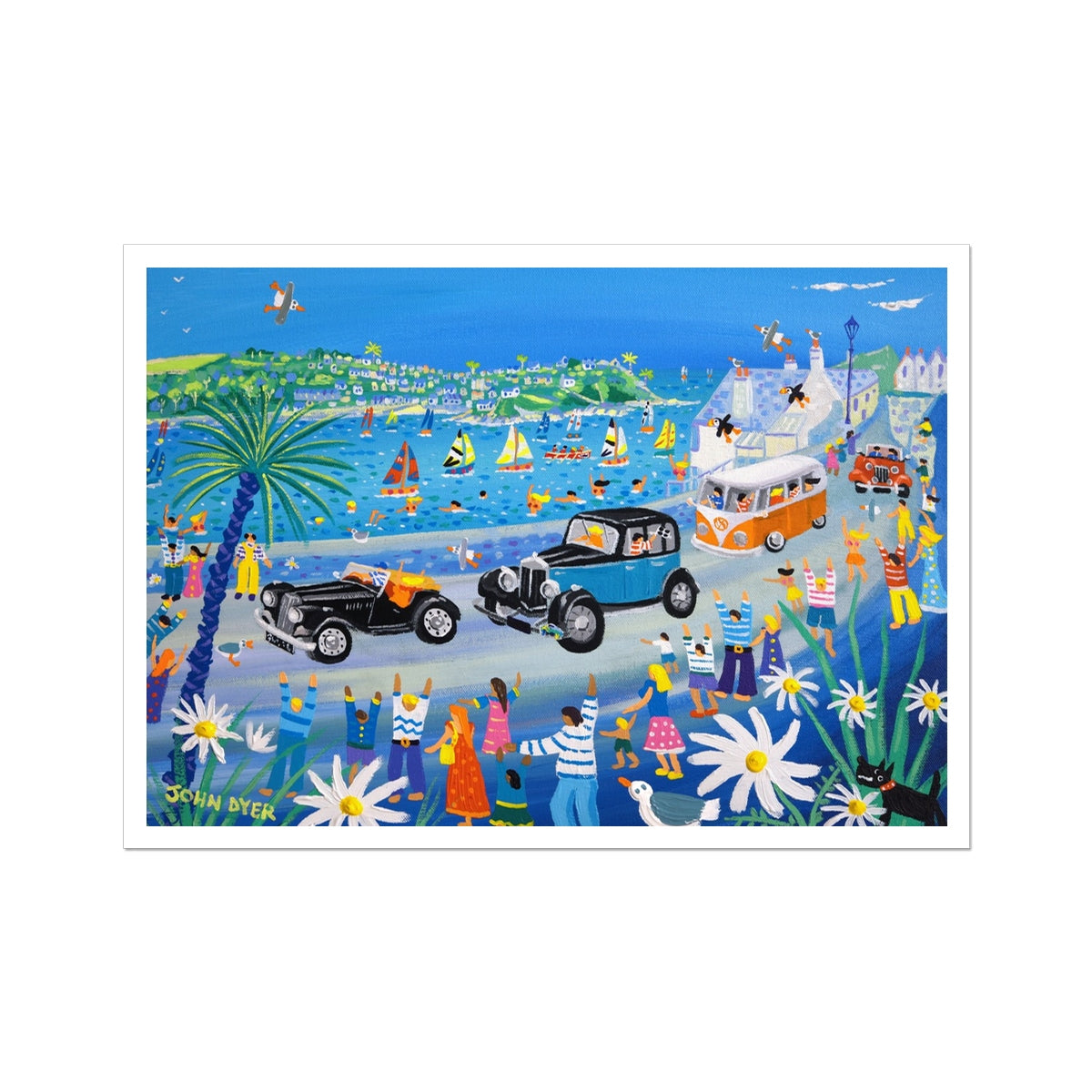 John Dyer Fine Art Print. Open Edition Coastal Cornish Art Print. 'Summer Fun at the Fowey Classic Car Parade, Cornwall'.