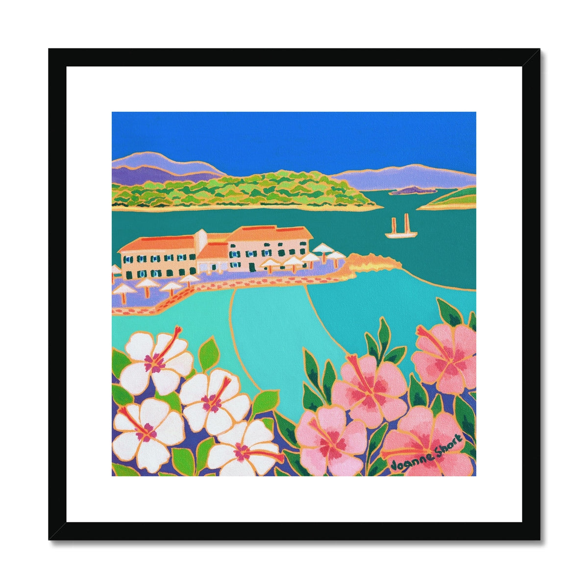 Joanne Short Greece Artwork. Framed Open Edition Art Print. &#39;Hibiscus and Turquoise Sea, Faliraki, Corfu Town Greece&#39; Greek Art Gallery