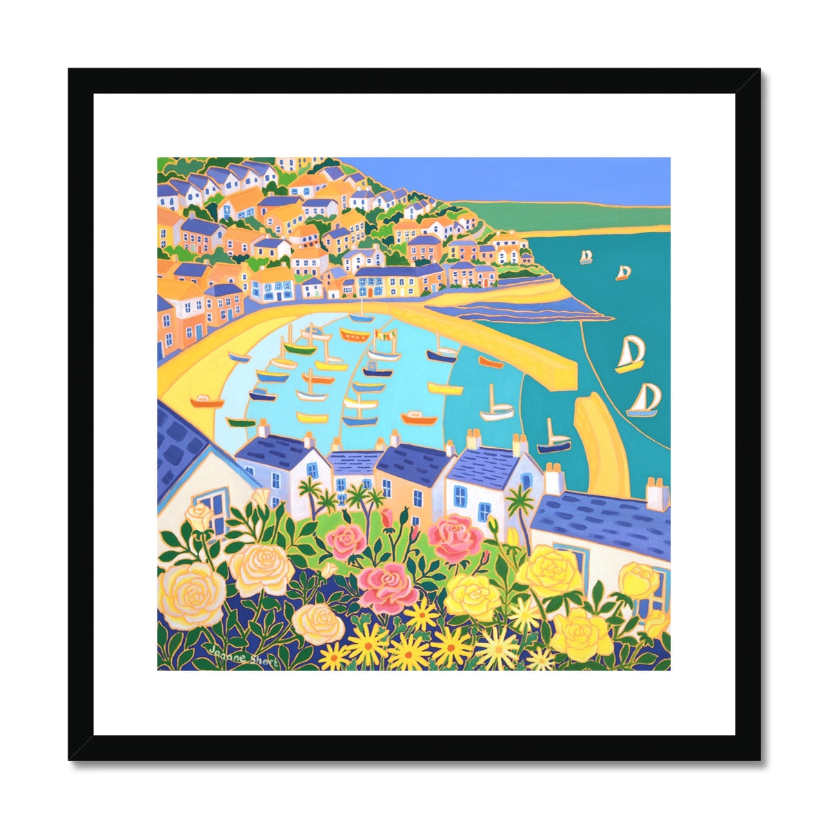 Joanne Short Framed Open Edition Fine Art Print. 'Cottage Rose Garden, Mousehole'. Cornwall Art Gallery Print