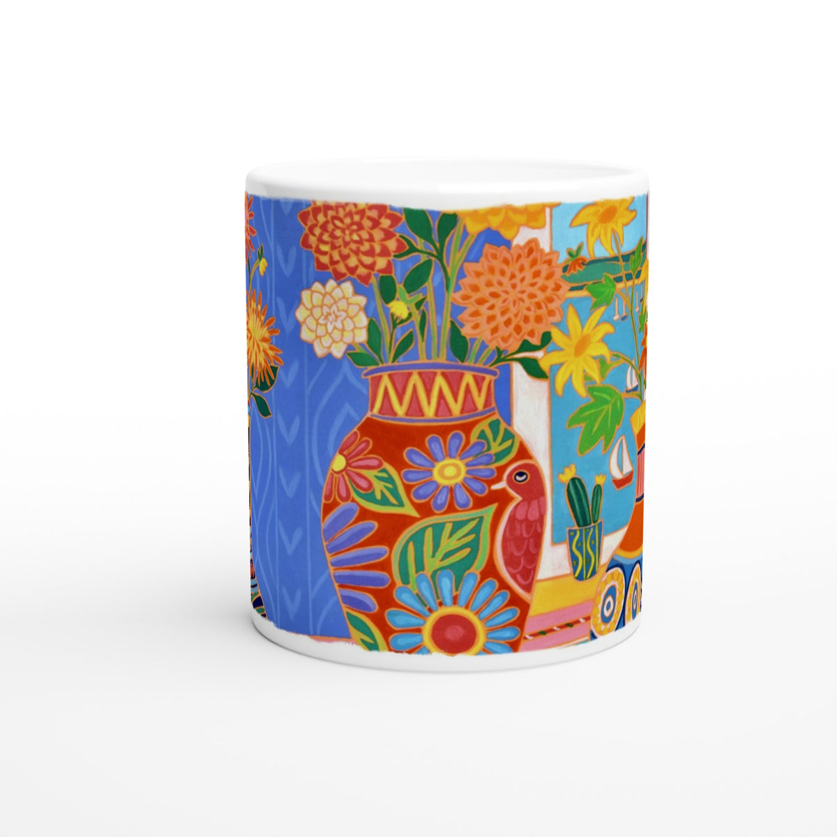 Joanne Short Ceramic Cornish Art Mug. Mexican Fiesta Flowers