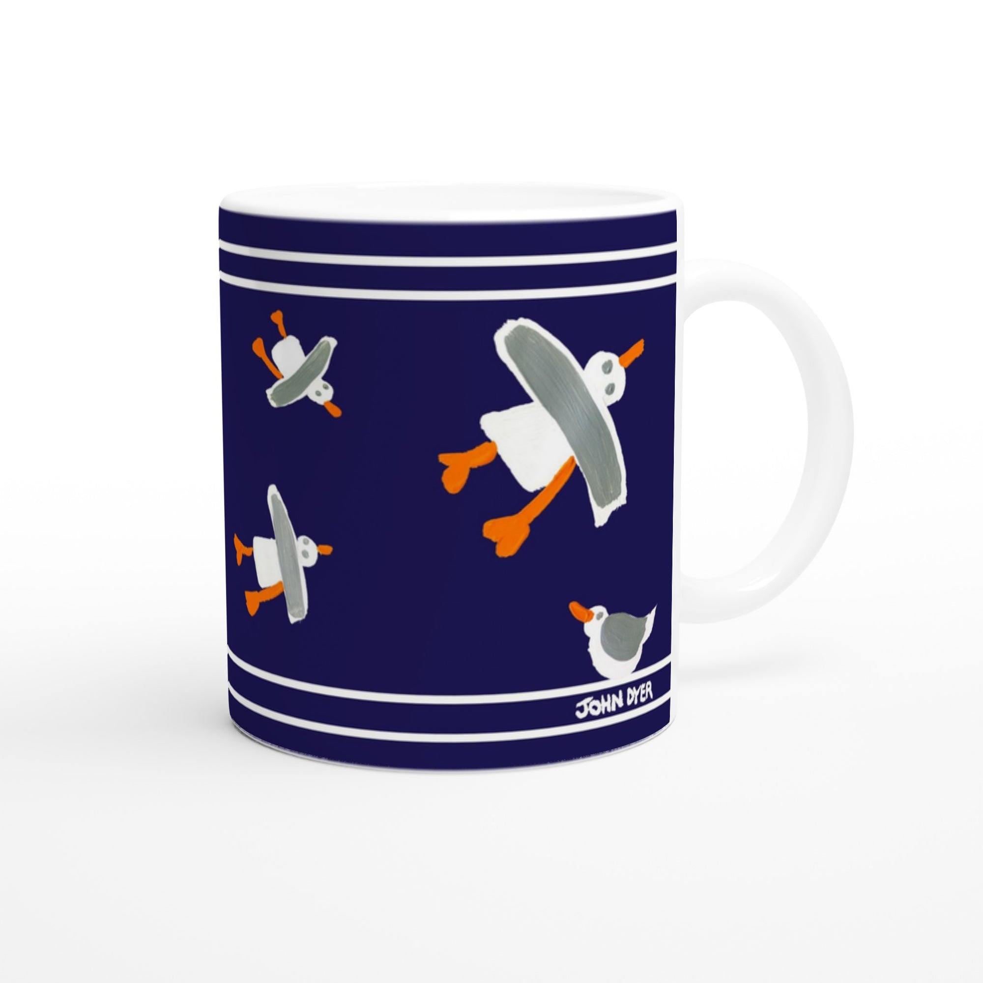 John Dyer Ceramic Cornish Art Mug with Cornish Seagulls. Deep Blue