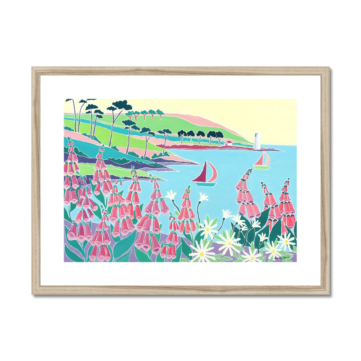 Joanne Short Framed Open Edition Cornish Art Print. &#39;Sailing Past the Lighthouse, St Anthony Headland&#39;. Cornwall Art Gallery