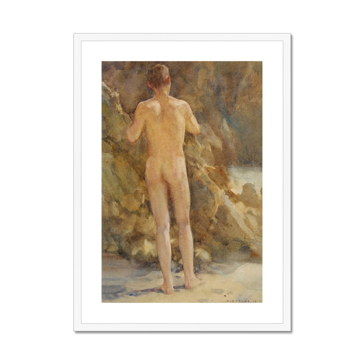 Male Nude by the Sea by Henry Scott Tuke. Framed Open Edition Fine Art Print. Historic Art