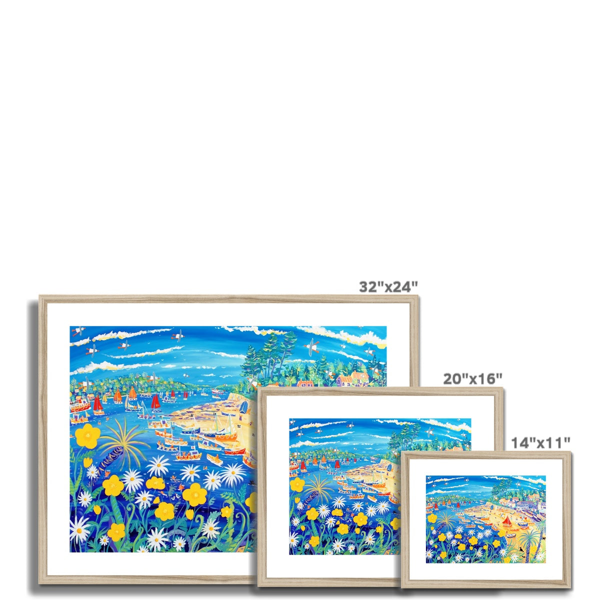 John Dyer Framed Open Edition Cornish Art Print. 'Buttercups and Bathers, Helford Passage, Cornwall'.