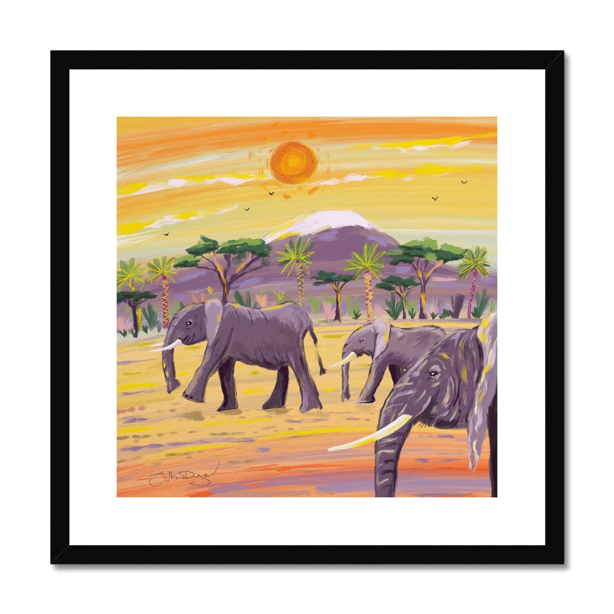 John Dyer Sunset African Elephants, Framed Open Edition Fine Art Print. Animal Art Prints