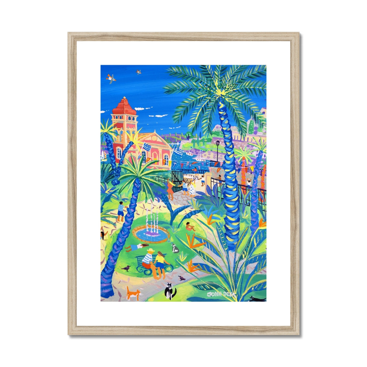 John Dyer Greece Artwork. Framed Open Edition Art Print. &#39;Cats, Families, and Fun in the Garden of the People, Corfu Town Greece&#39;. Greek Art Gallery