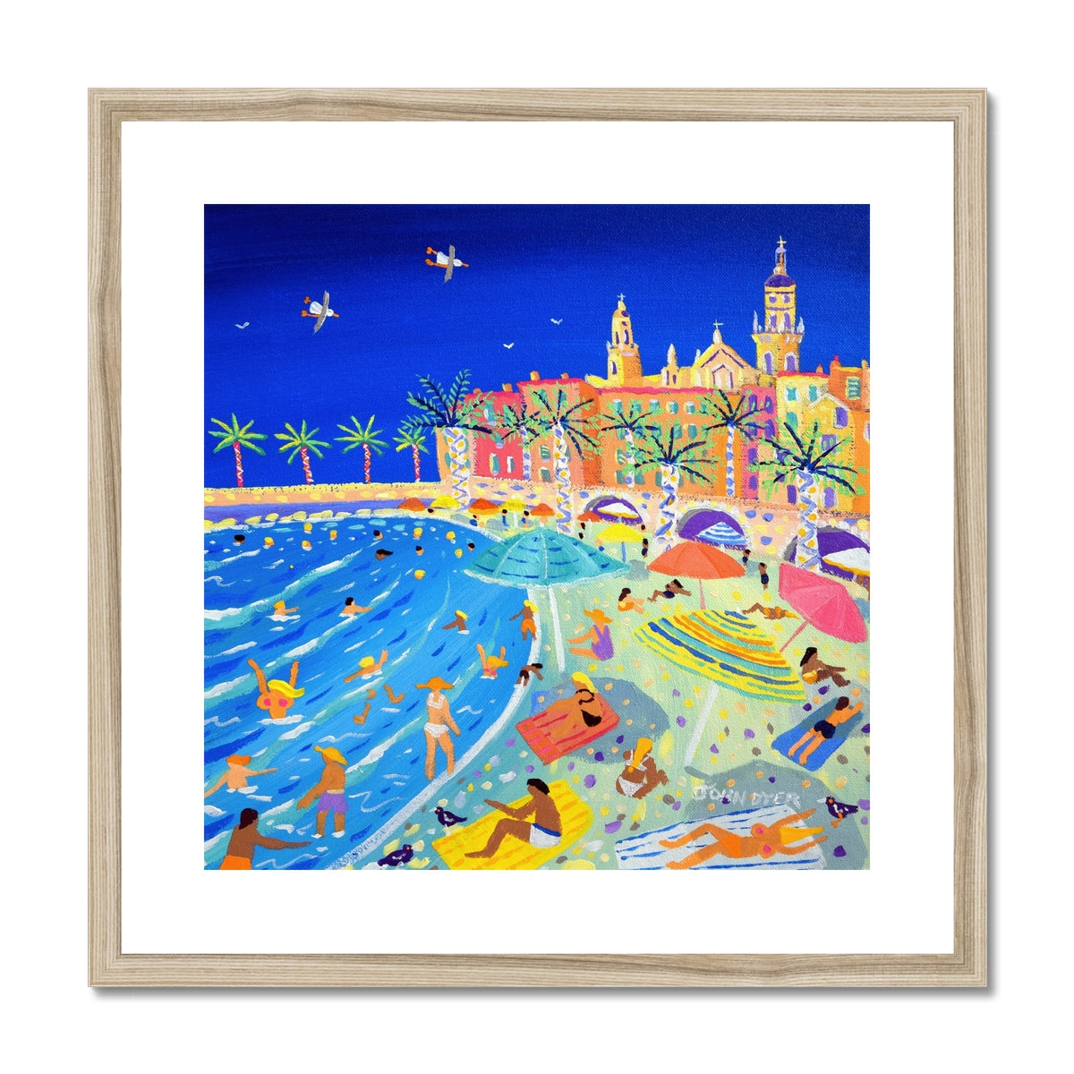 John Dyer Framed Open Edition French Art Print. 'High Summer, Menton Old Town, France'. Natural wood frame