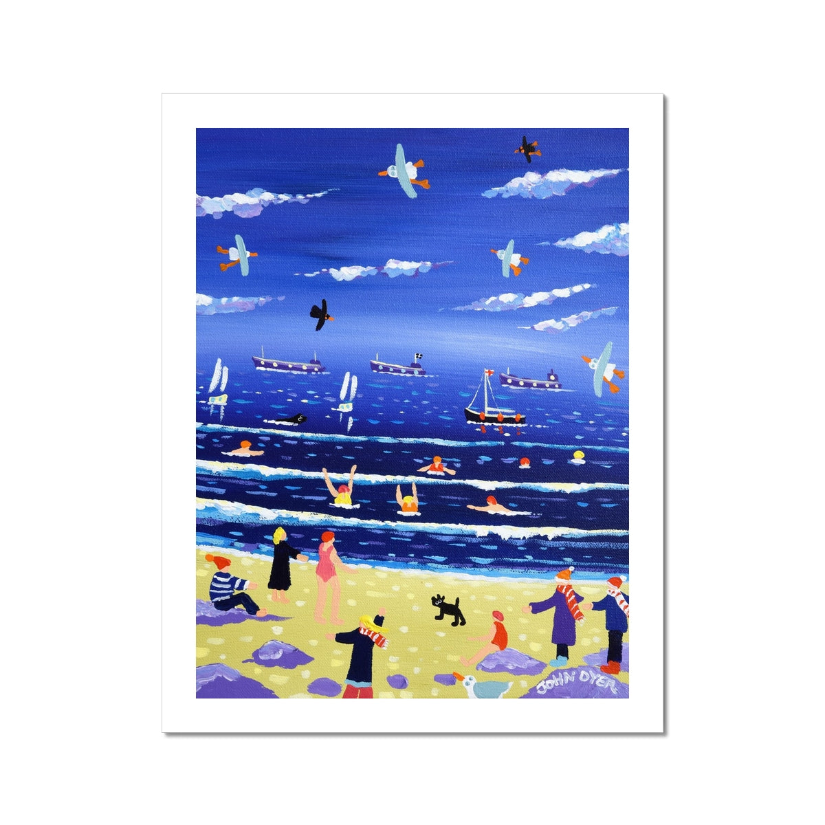 John Dyer Fine Art Print. Open Edition Coastal Cornish Art Print. &#39;Chilly Dippers - Cold Water Swimming, Gyllyngvase Beach, Falmouth Cornwall&#39;.