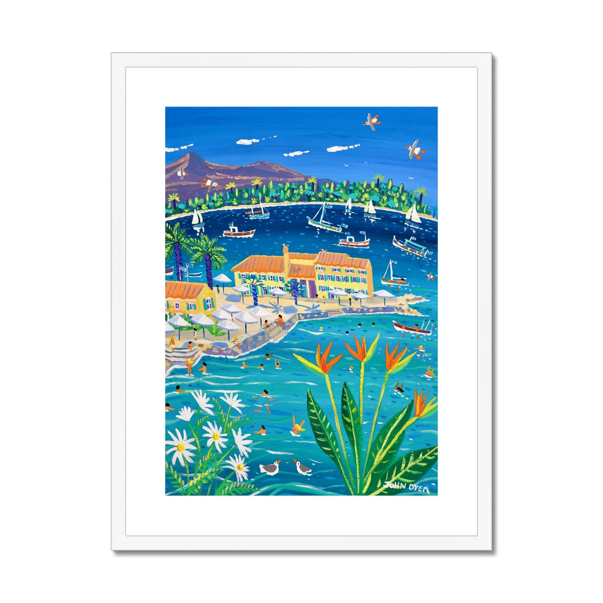 John Dyer Greece Artwork. Framed Open Edition Art Print. 'Sun-Drenched Days, Faliraki, Corfu Town, Greece. Greek Art Gallery