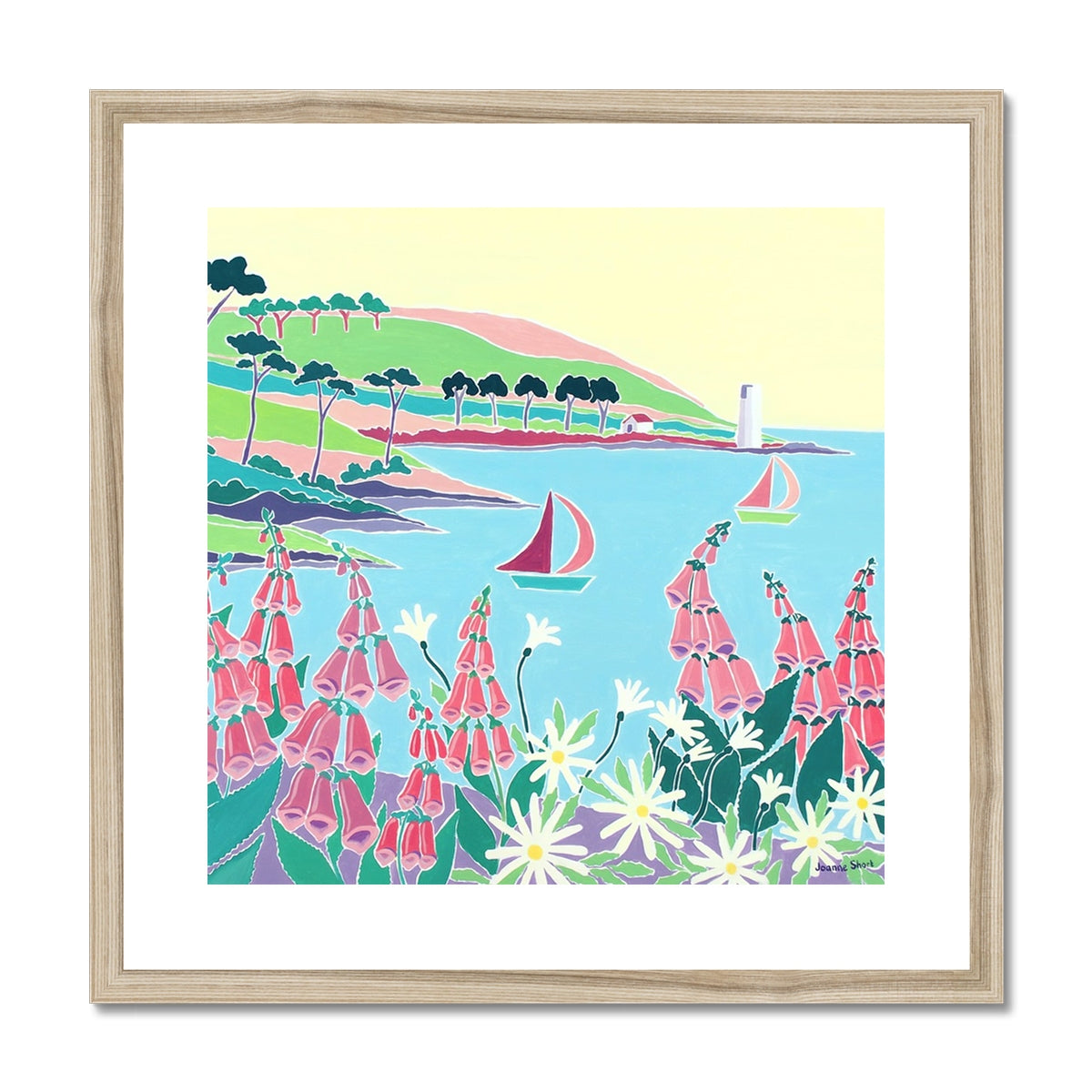 Joanne Short Framed Open Edition Cornish Art Print. &#39;Sailing Past the Lighthouse, St Anthony Headland&#39;. Cornwall Art Gallery