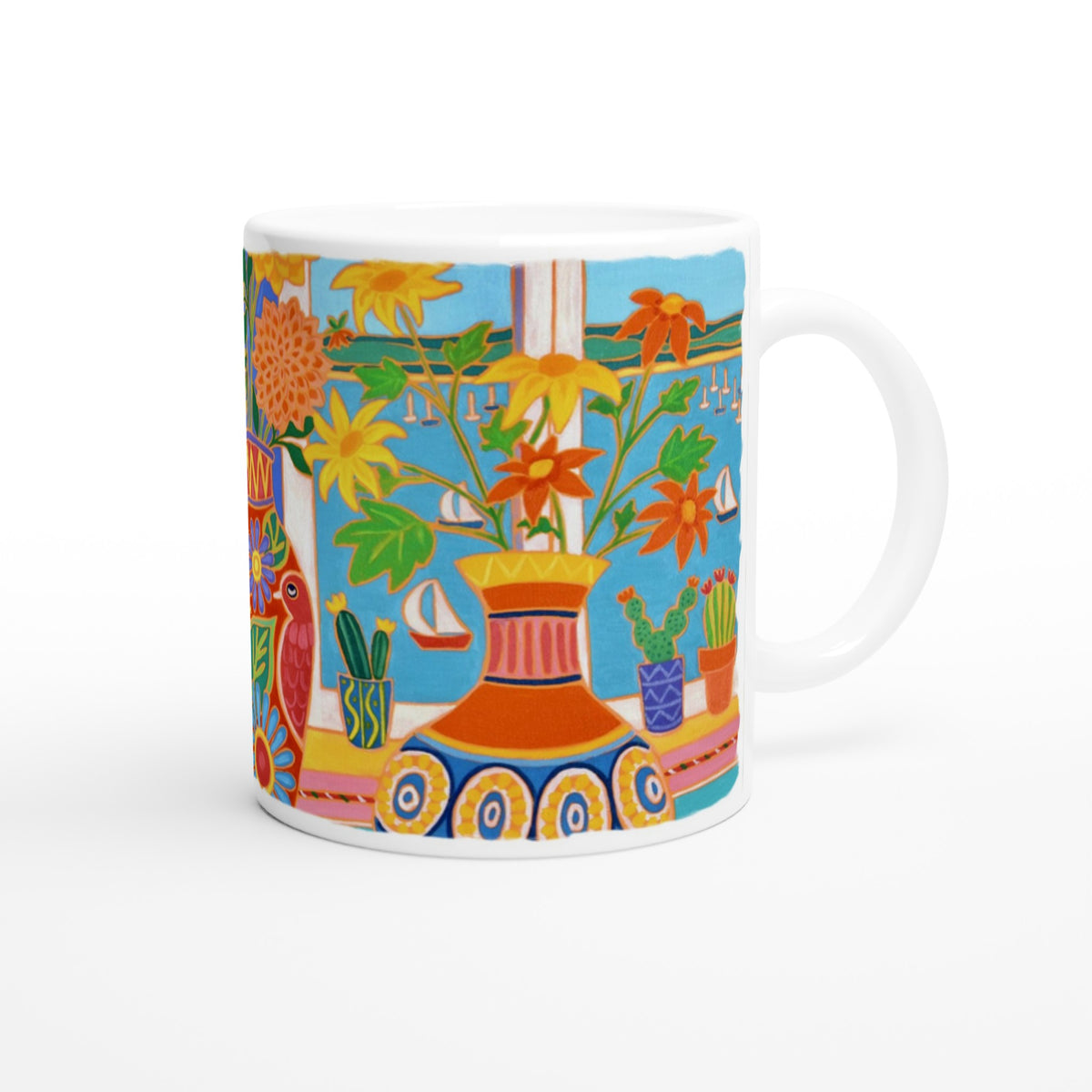 Joanne Short Ceramic Cornish Art Mug. Mexican Fiesta Flowers