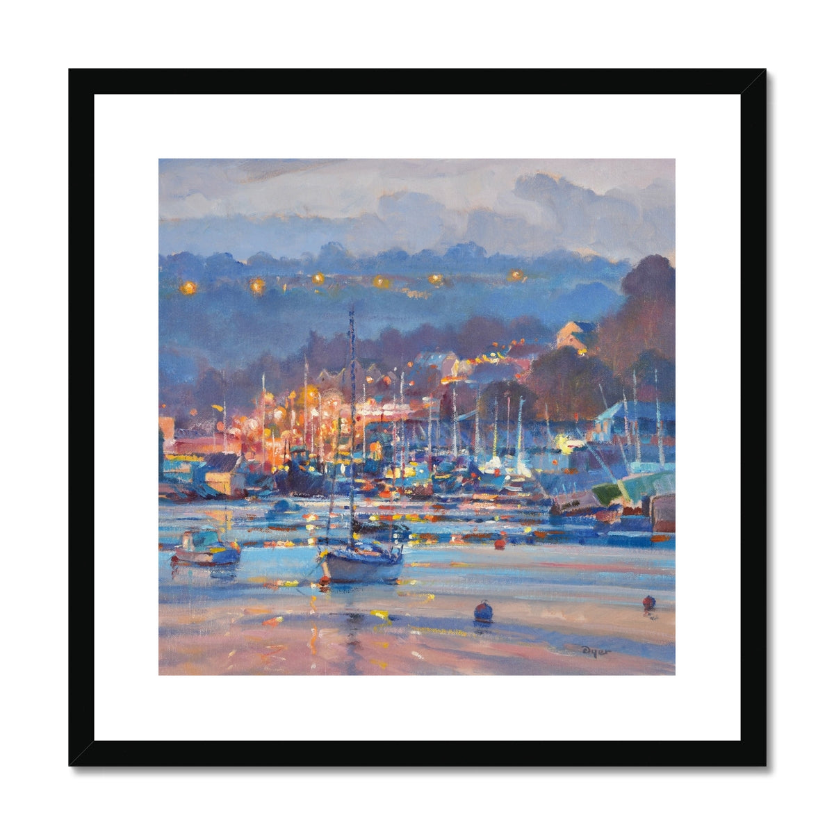 'Lights over the Moorings, Penryn River' by Ted Dyer. Framed Open Edition Coastal Cornish Fine Art Print.
