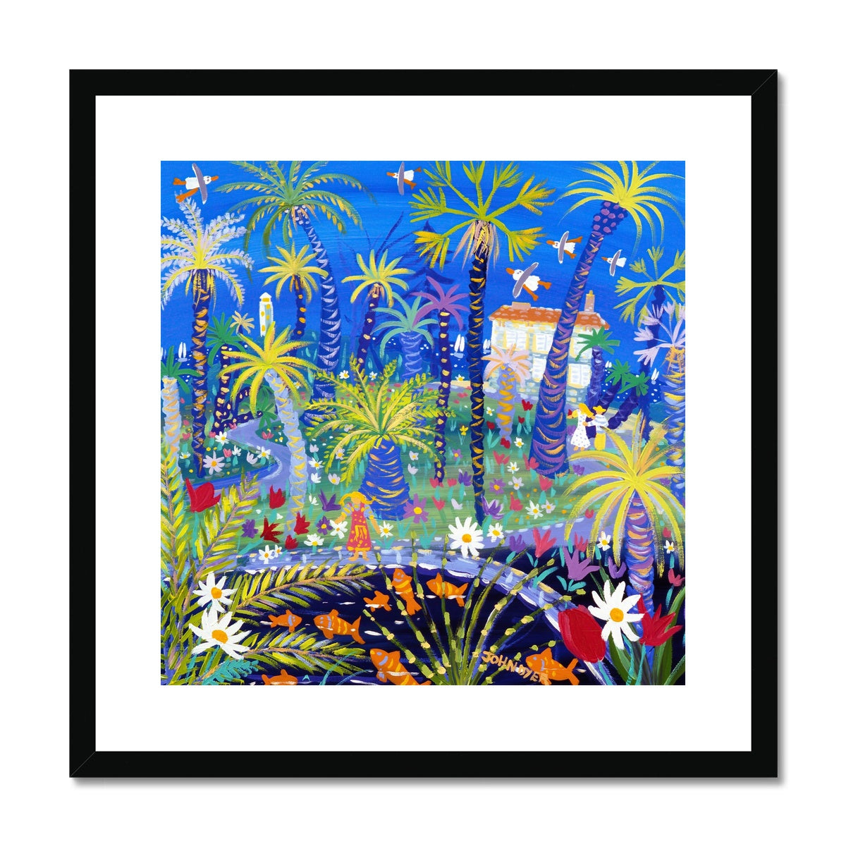 John Dyer Framed Open Edition Garden Art Print. 'Chatting to the Goldfish, Jardin Thuret, Cap d'Antibes, France'. French Art Gallery