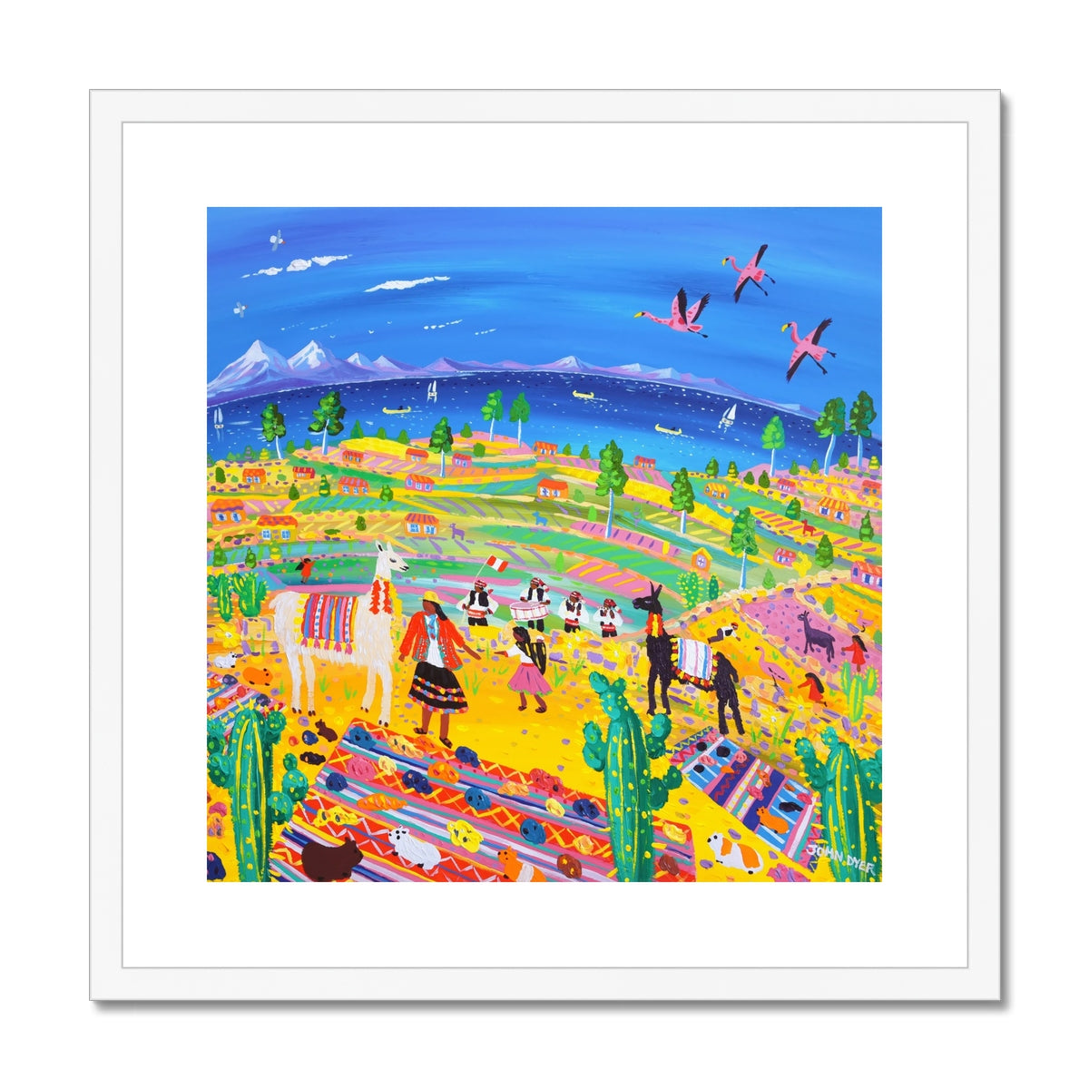 John Dyer Framed Open Edition Peruvian Art Print. 'Music and Llamas at the Potato Harvest, Taquile Island, Peru'