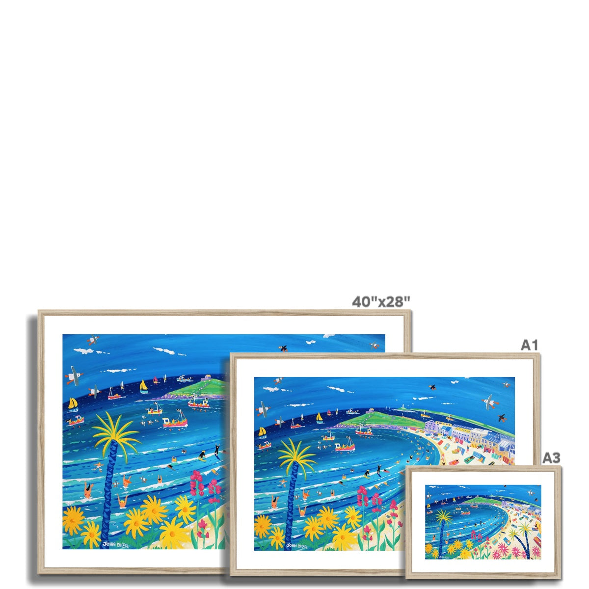 John Dyer Framed Open Edition Cornish Art Print. 'Tropical Days at Porthmeor Beach, St Ives'. Cornwall Art Gallery