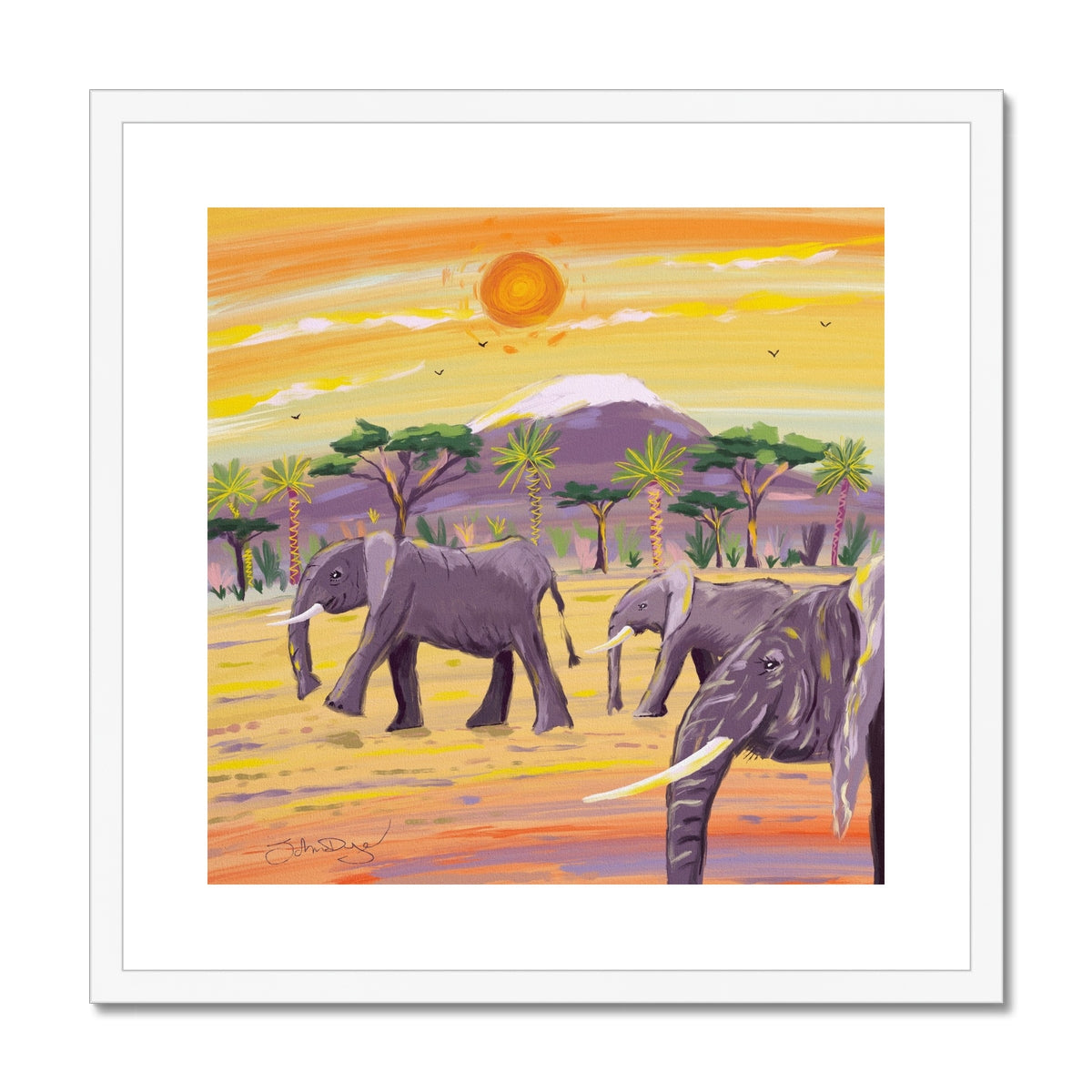 John Dyer Sunset African Elephants, Framed Open Edition Fine Art Print. Animal Art Prints