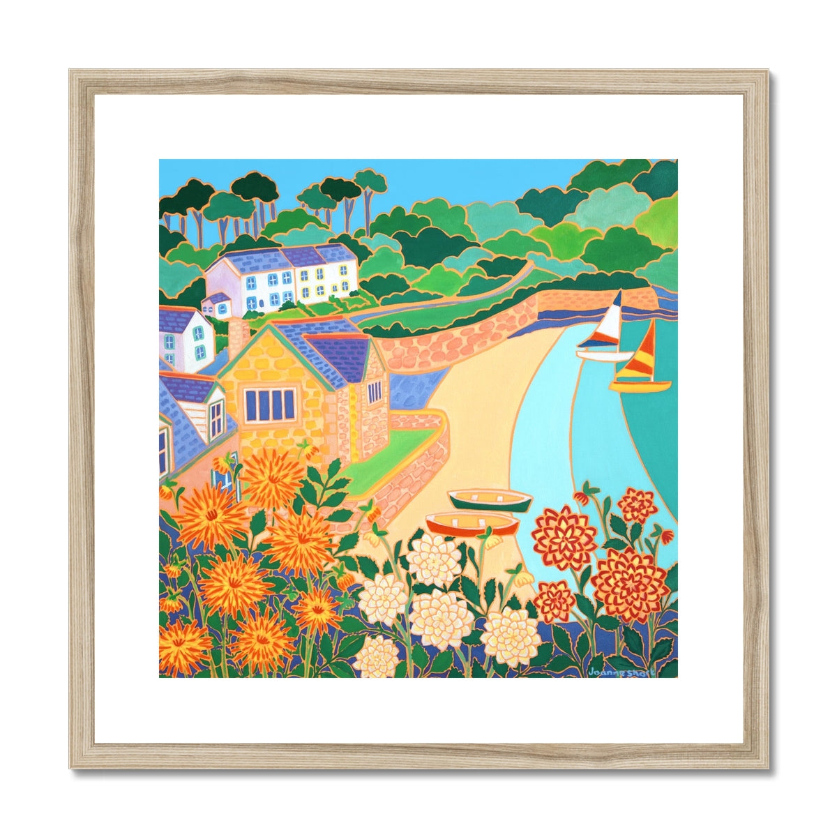 Joanne Short Framed Open Edition Fine Art Print. &#39;Dahlias and Dinghies, Durgan, Helford River&#39;. Cornwall Art Gallery Print