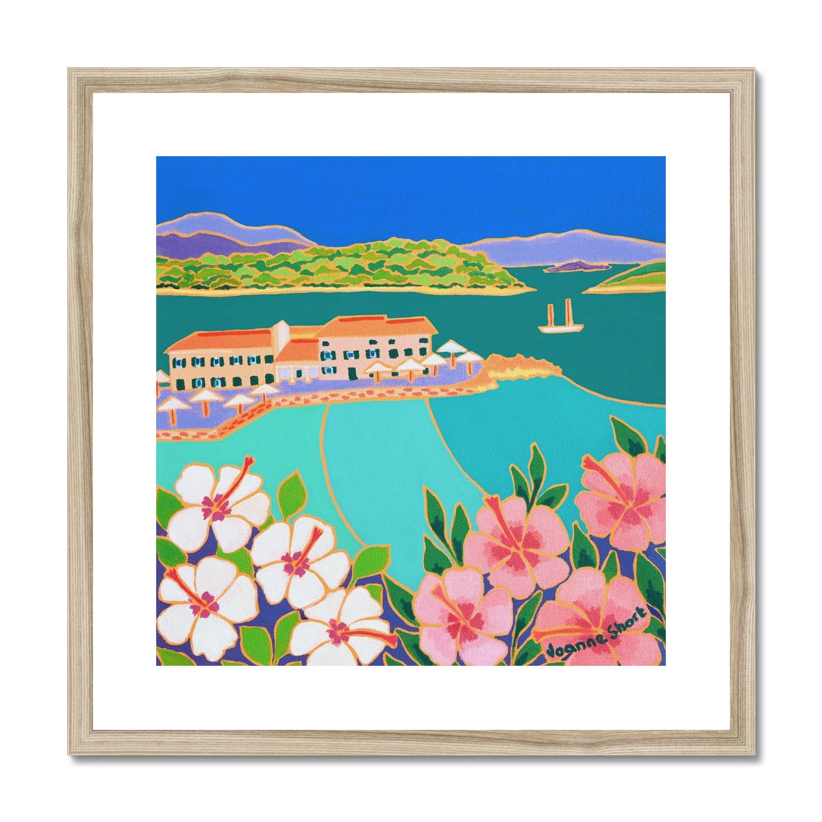 Joanne Short Greece Artwork. Framed Open Edition Art Print. &#39;Hibiscus and Turquoise Sea, Faliraki, Corfu Town Greece&#39; Greek Art Gallery