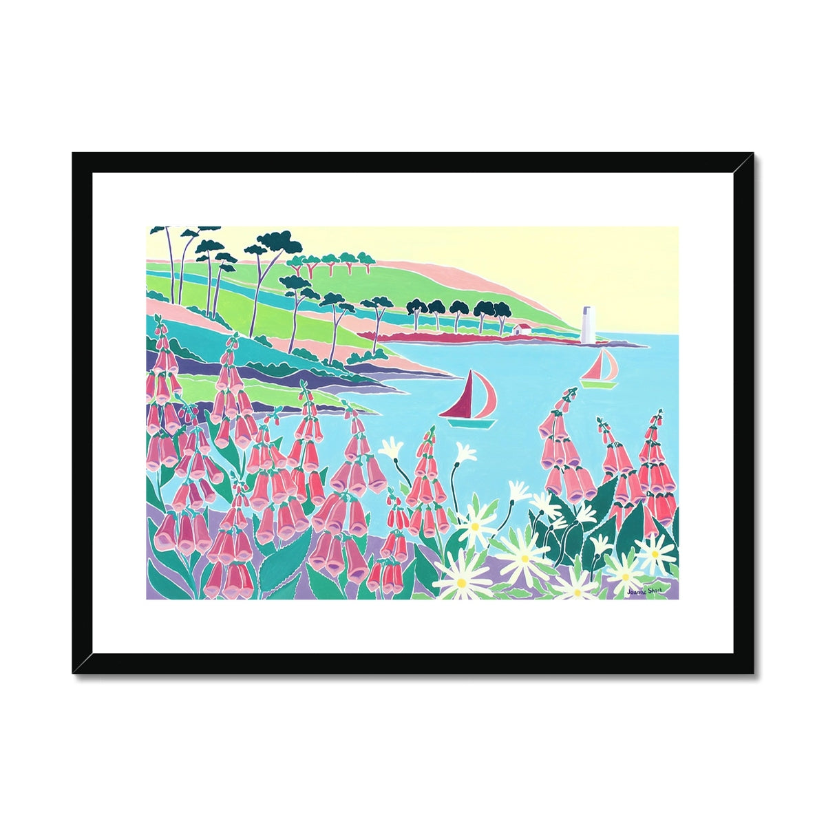 Joanne Short Framed Open Edition Cornish Art Print. &#39;Sailing Past the Lighthouse, St Anthony Headland&#39;. Cornwall Art Gallery