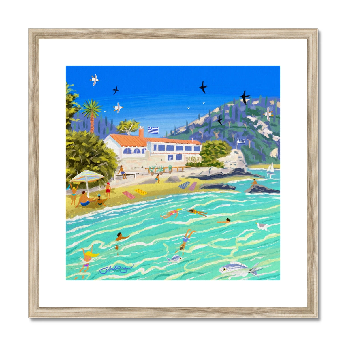 John Dyer Greece Artwork. Framed Open Edition Art Print. &#39;Sunlit Waters at Black Rocks Beach, Corfu&#39;. Greek Art Gallery