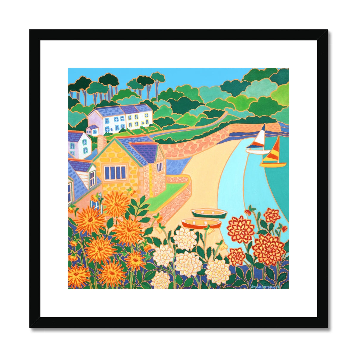 Joanne Short Framed Open Edition Fine Art Print. &#39;Dahlias and Dinghies, Durgan, Helford River&#39;. Cornwall Art Gallery Print