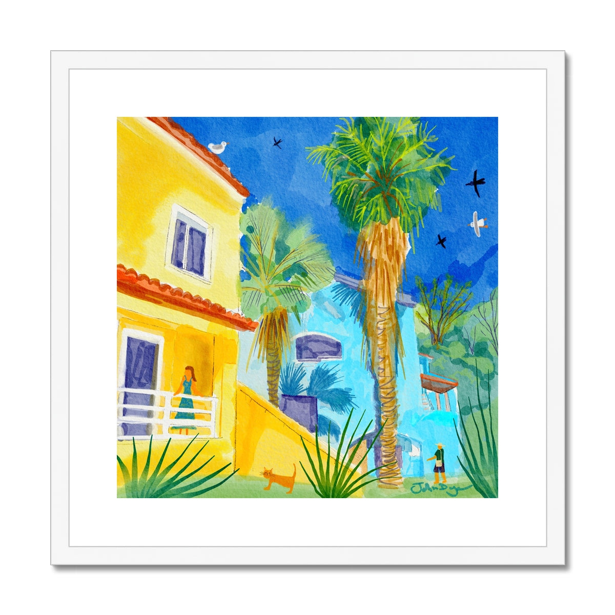 John Dyer Greece Artwork. Framed Open Edition Art Print. 'Sunlit Villa in Govino Bay, Corfu, Greece'. Greek Art Gallery