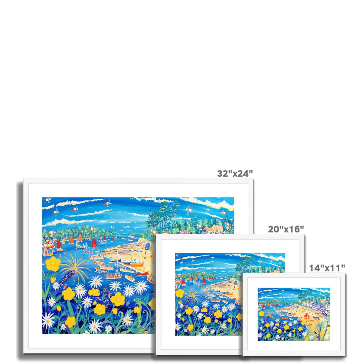 John Dyer Framed Open Edition Cornish Art Print. 'Buttercups and Bathers, Helford Passage, Cornwall'.