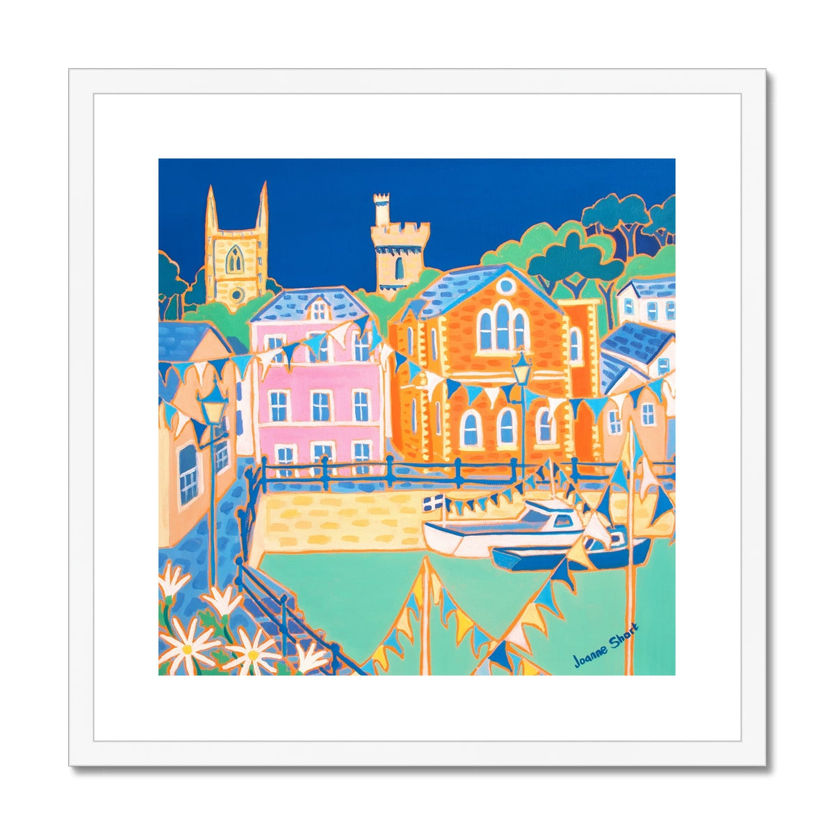 Joanne Short Framed Open Edition Cornish Art Print. 'Daisies and Bunting Fowey'. Cornwall Art Gallery