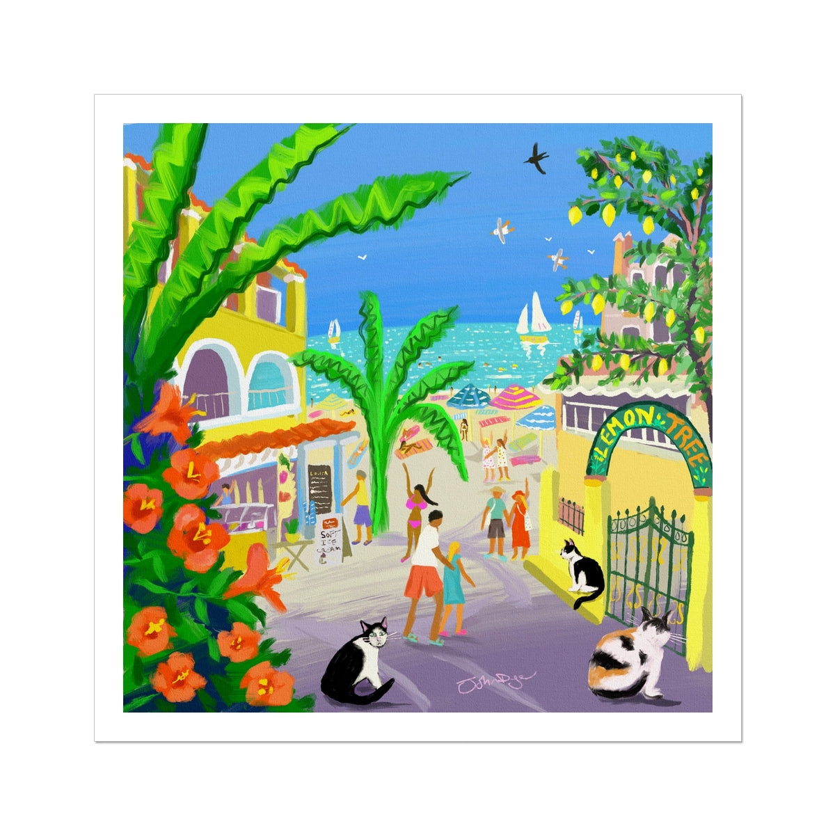 John Dyer Greece Artwork. Open Edition Greek Art Print of Corfu. 'Strolling Past Corfu Cats, Agios Gordios, Greece'. Greek Art Gallery