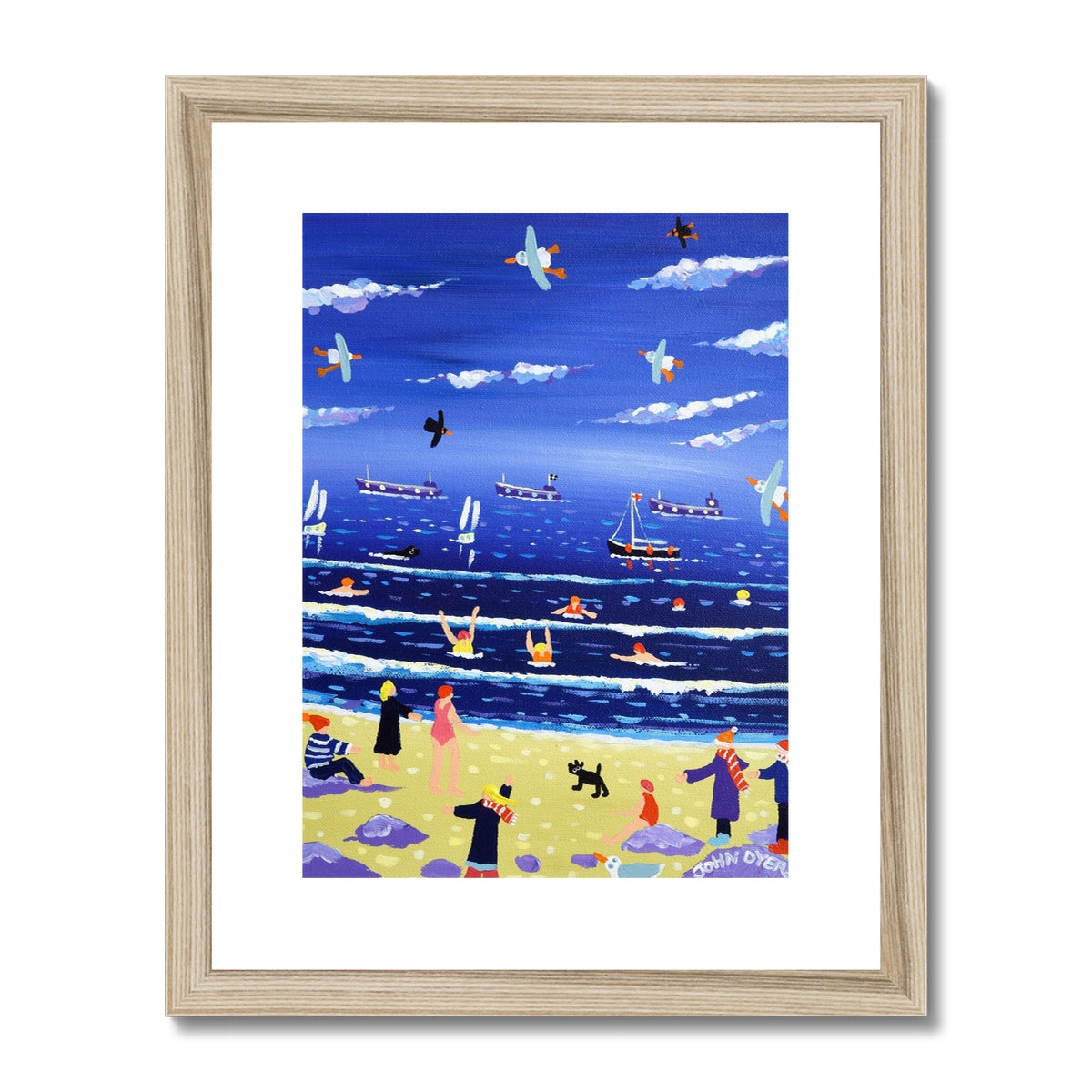 John Dyer Framed Open Edition Cornish Art Print. &#39;Chilly Dippers - Cold Water Swimming, Gyllyngvase Beach, Cornwall &#39;.