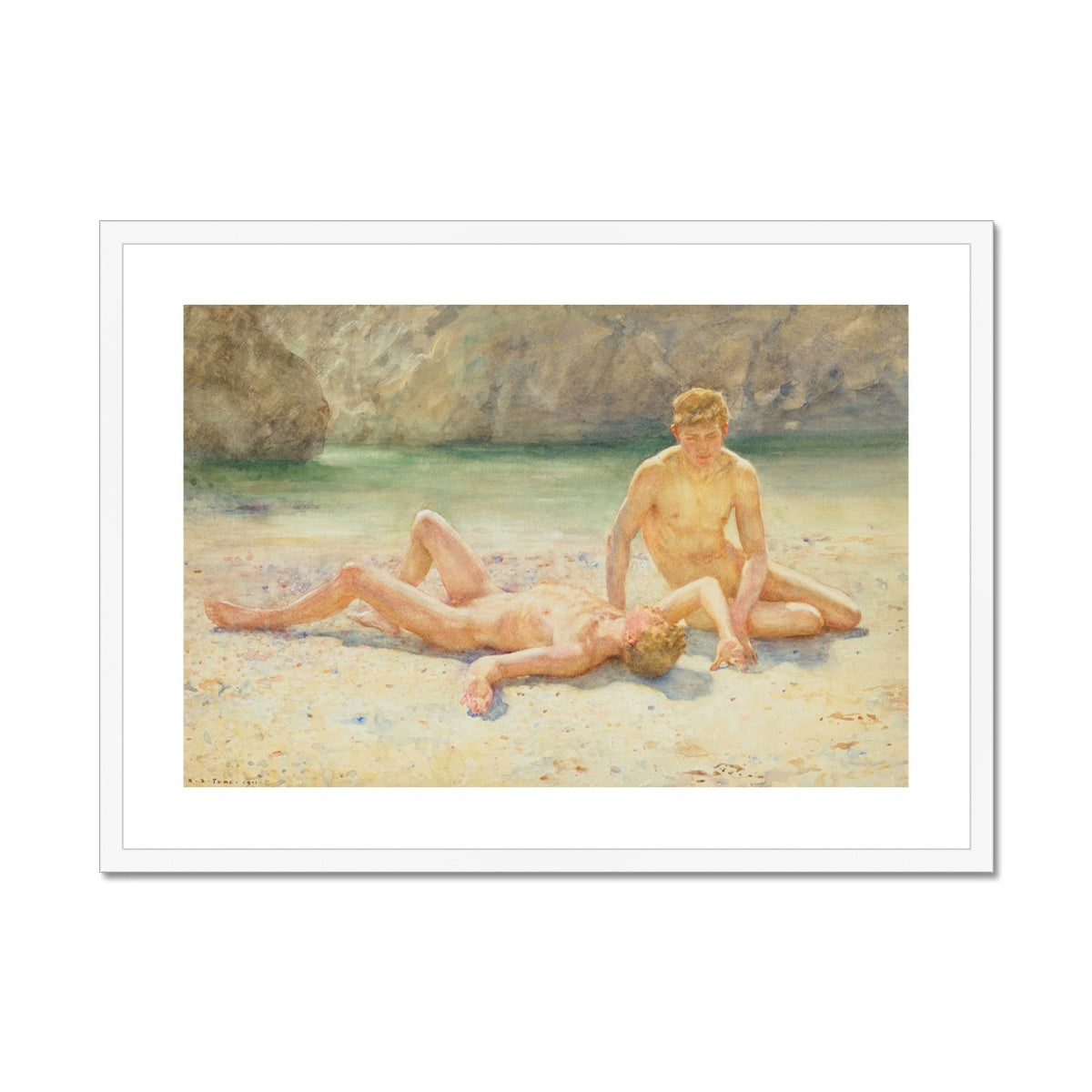 Bathing Group, Noonday Heat by Henry Scott Tuke. Framed Open Edition Fine Art Print. Historic Art