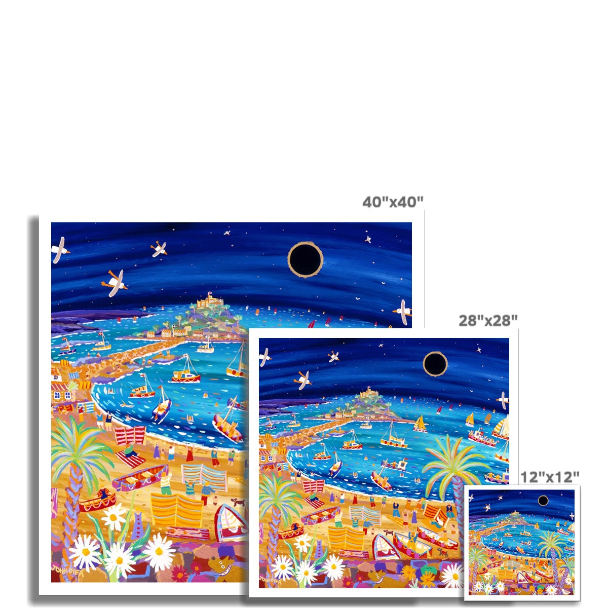 John Dyer Fine Art Beach Print 'Excitement under the Stars, Mount's Bay Eclipse, Cornwall'. Open Edition Cornish Art Print