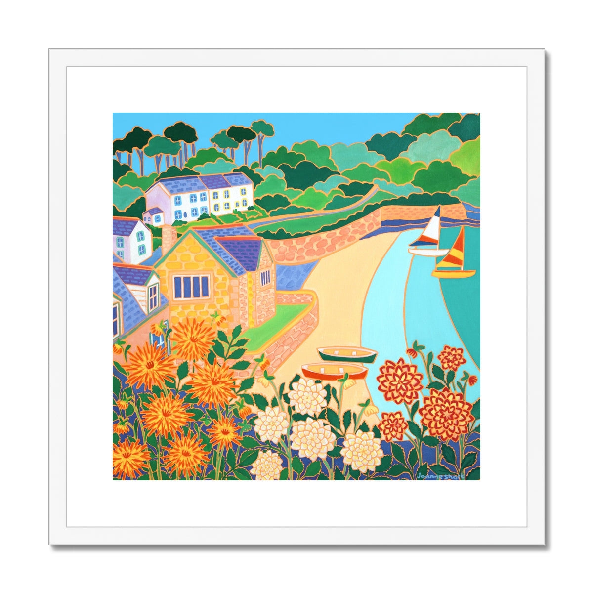 Joanne Short Framed Open Edition Fine Art Print. &#39;Dahlias and Dinghies, Durgan, Helford River&#39;. Cornwall Art Gallery Print