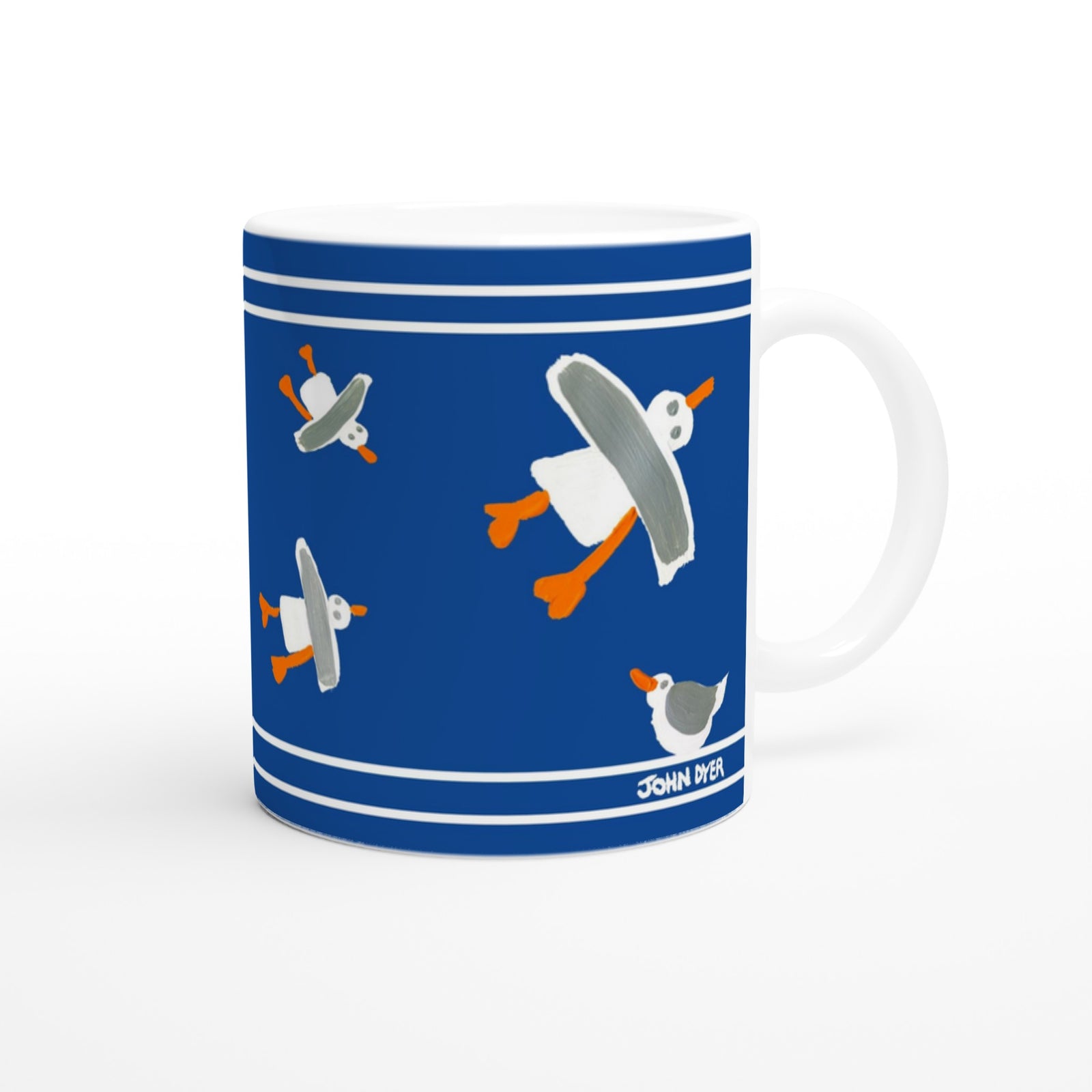 John Dyer Ceramic Cornish Art Mug with Cornish Seagulls. Blue