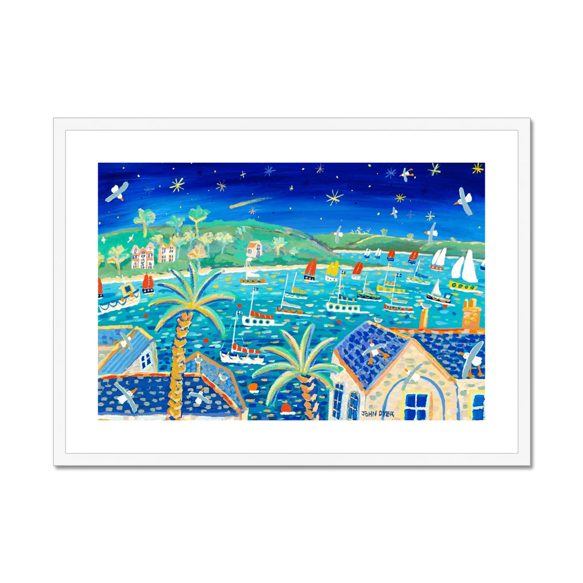 John Dyer Framed Open Edition Cornish Art Print. 'Sailing Beneath the Comet, Falmouth, Cornwall'.