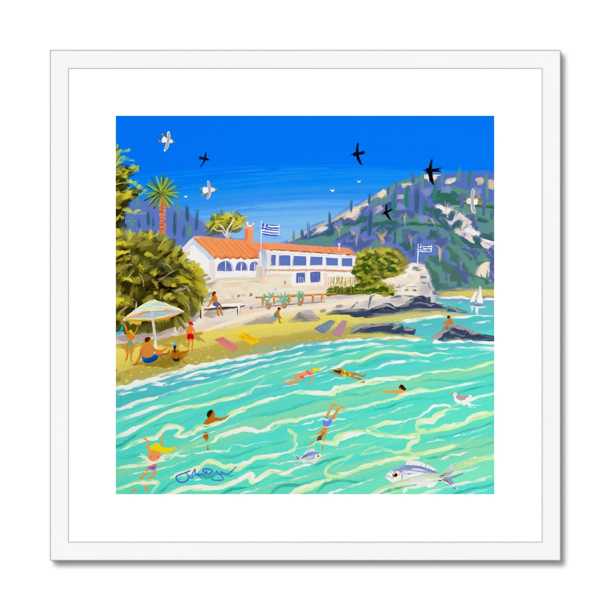 John Dyer Greece Artwork. Framed Open Edition Art Print. &#39;Sunlit Waters at Black Rocks Beach, Corfu&#39;. Greek Art Gallery