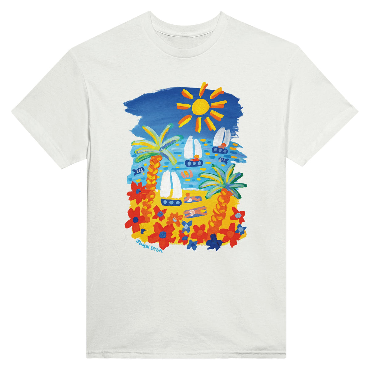 White John Dyer Unisex Seaside &#39;Beach Vibes&#39; Art Cornwall T-Shirt. Cornwall Art Gallery