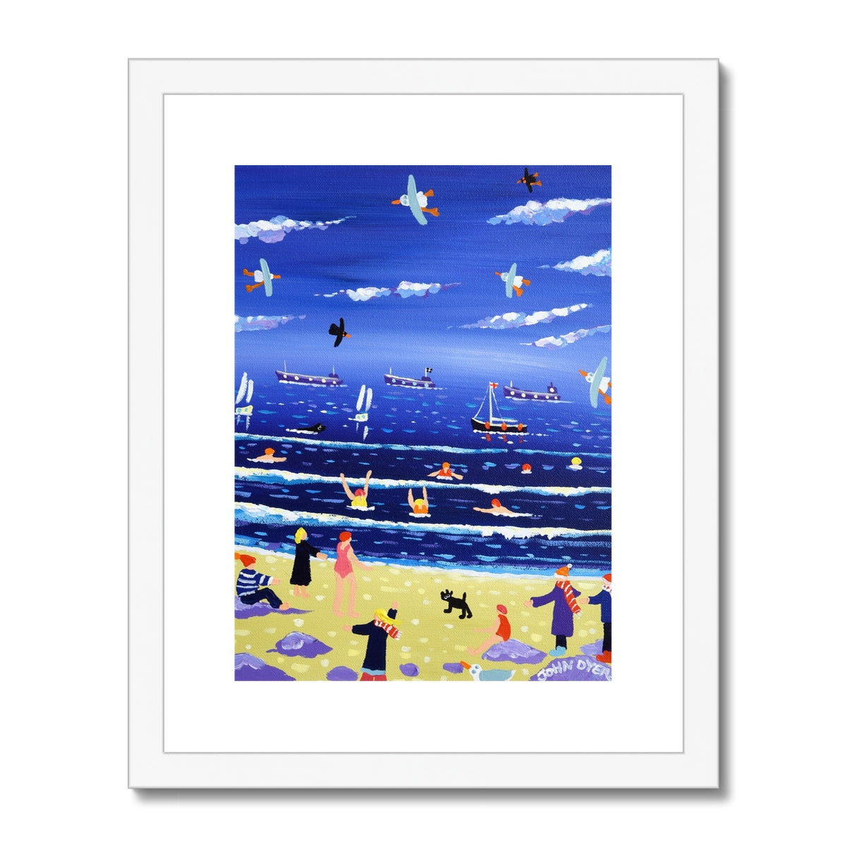 John Dyer Framed Open Edition Cornish Art Print. &#39;Chilly Dippers - Cold Water Swimming, Gyllyngvase Beach, Cornwall &#39;.