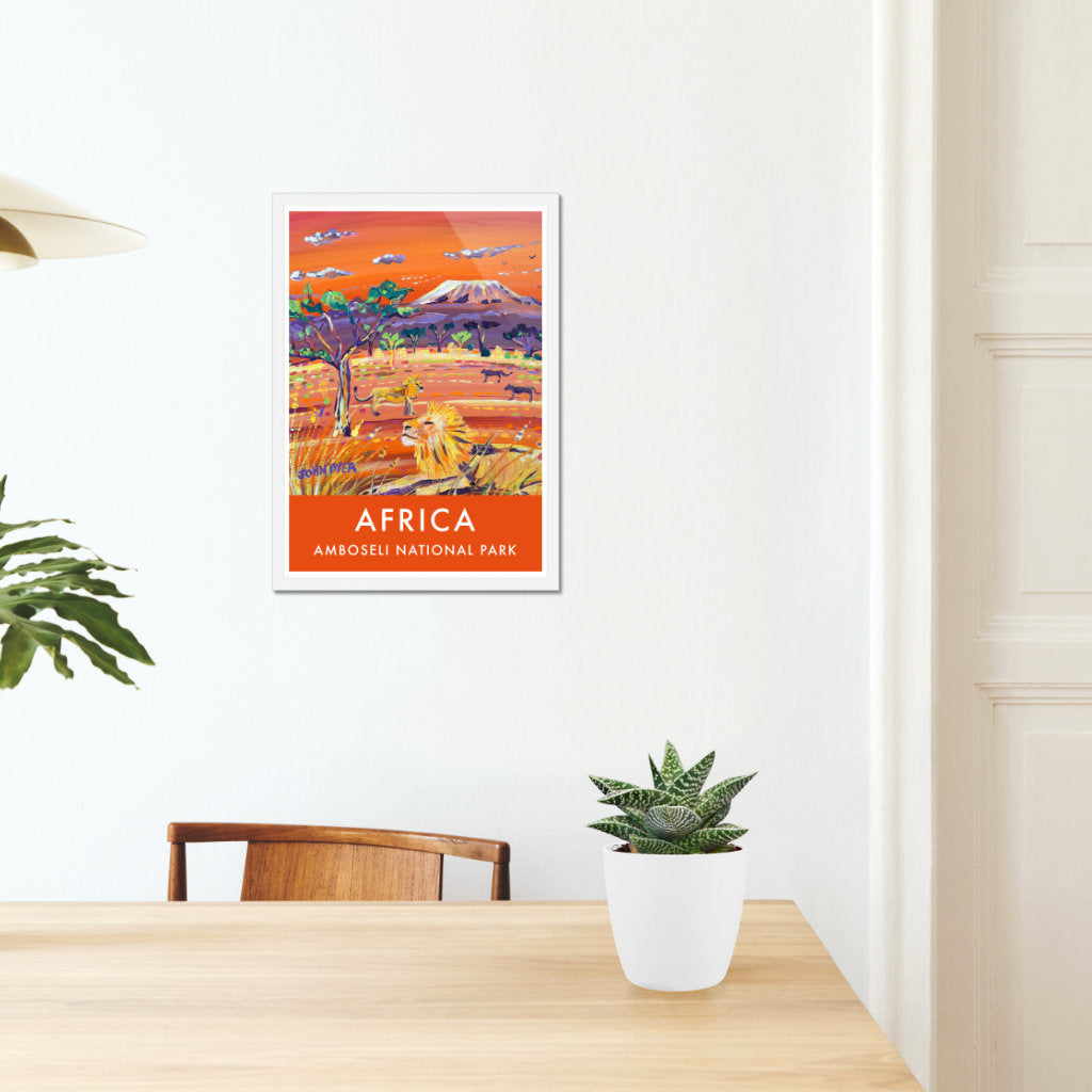 Vintage Style African Poster Art Print by John Dyer. African Lion, Amboseli, Kenya