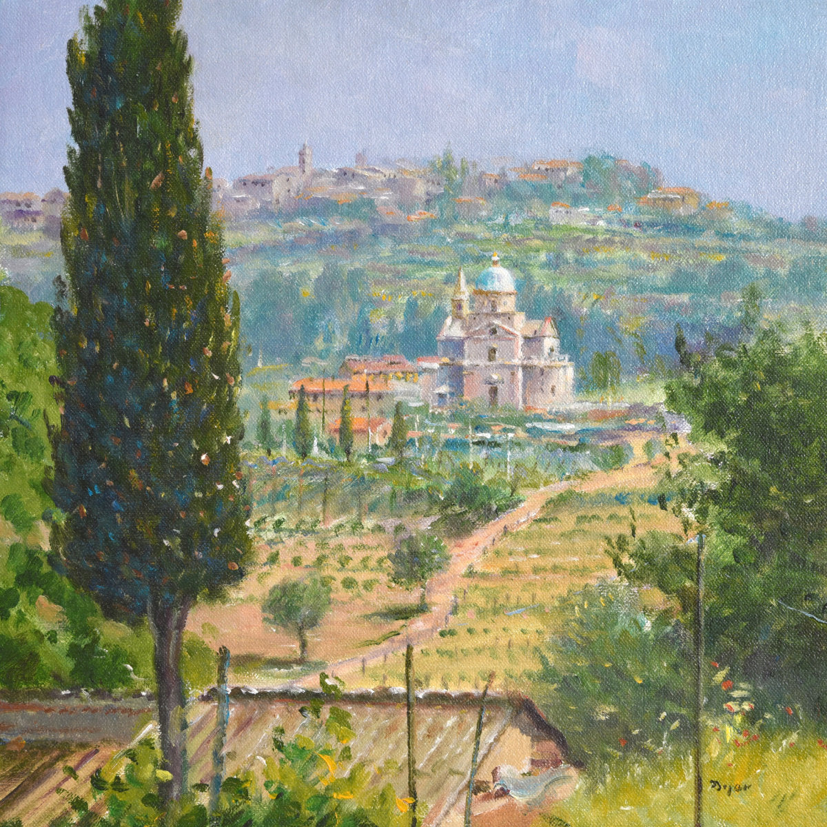 'Across the Valley to San Biagio, Montepulciano, Tuscany, Italy', 14x14 inches oil on canvas. Painting by Artist Ted Dyer.