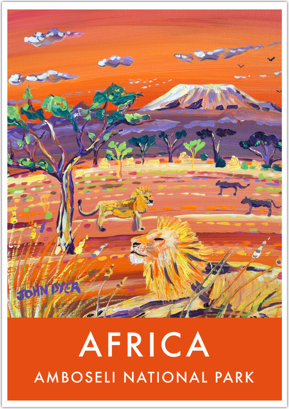 Africa Art, Vintage Style African Poster Art Print by John Dyer. African Lion, Amboseli, Kenya