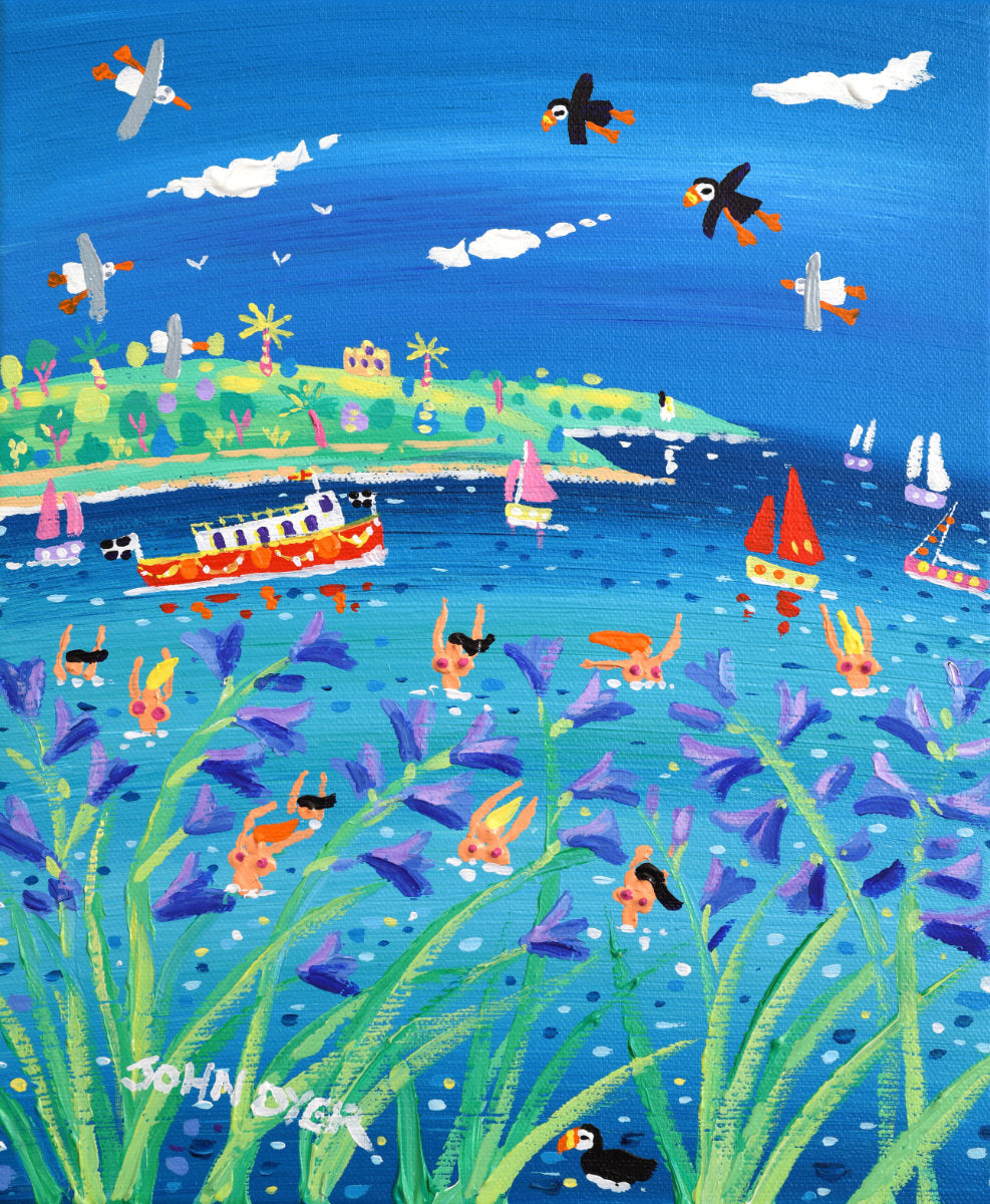'Bathing Bluebelles , Falmouth', 12 x10 inches acrylic on canvas by Cornish Artist John Dyer